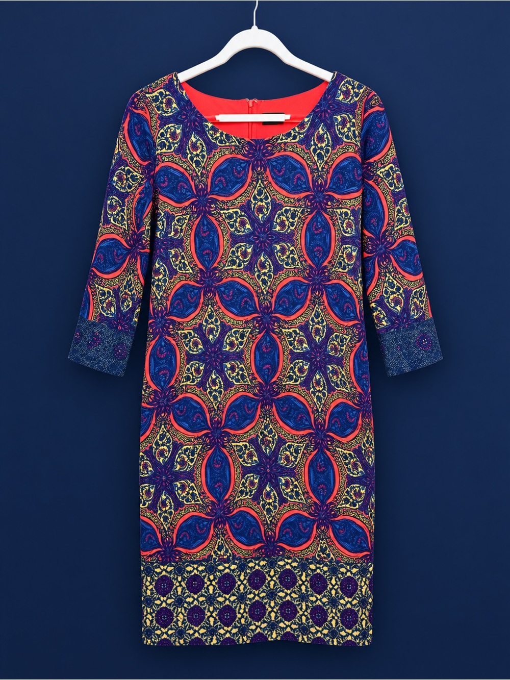 Chetta B Blue and Coral Printed Long Sleeve Sheath Dress